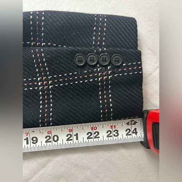 Ann Taylor LOFT Black Long Wool Peacoat White Pink Checkered Stitching Sz 6 - Picture 7 of 10